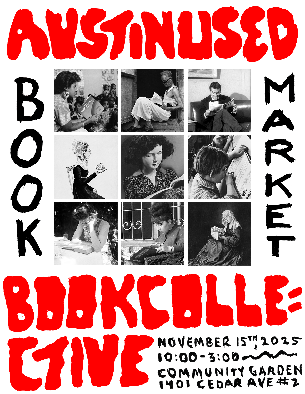 Flyer for an Austin Used Book Collective market on November 15, 2025, from 10:00–3:00, at Community Garden, 1401 Cedar Avenue #2.